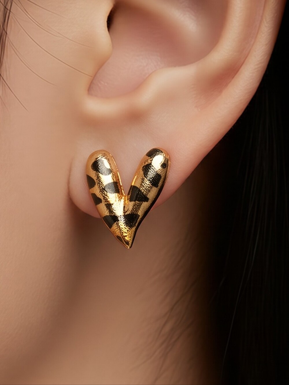 Gold Leopard Heart Stud Earrings Statement Coquette Jewelry Y2K Feminine Glam